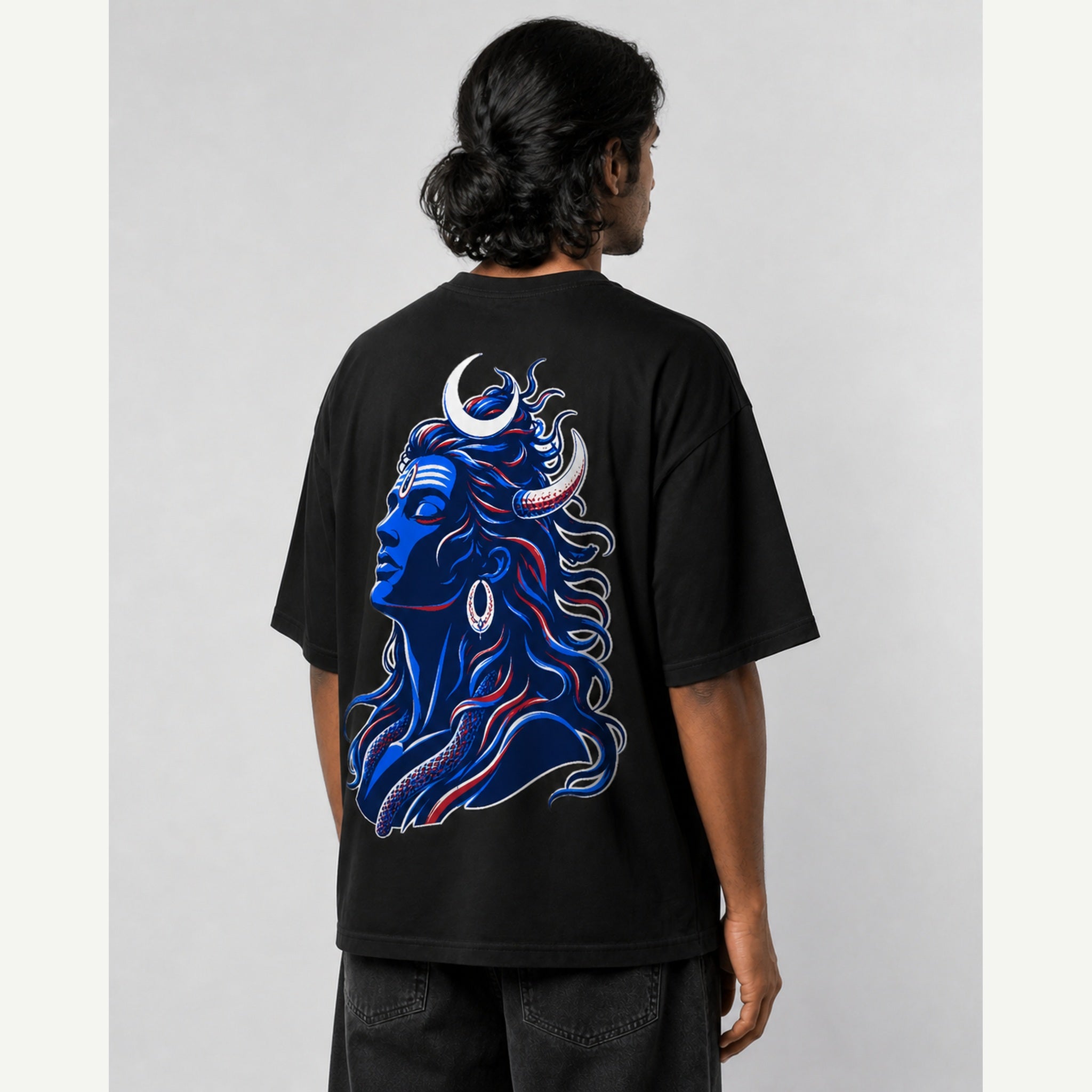 Shiva Dark Blue Profile Oversized T-Shirt black oversized T-shirt back print mockup 3