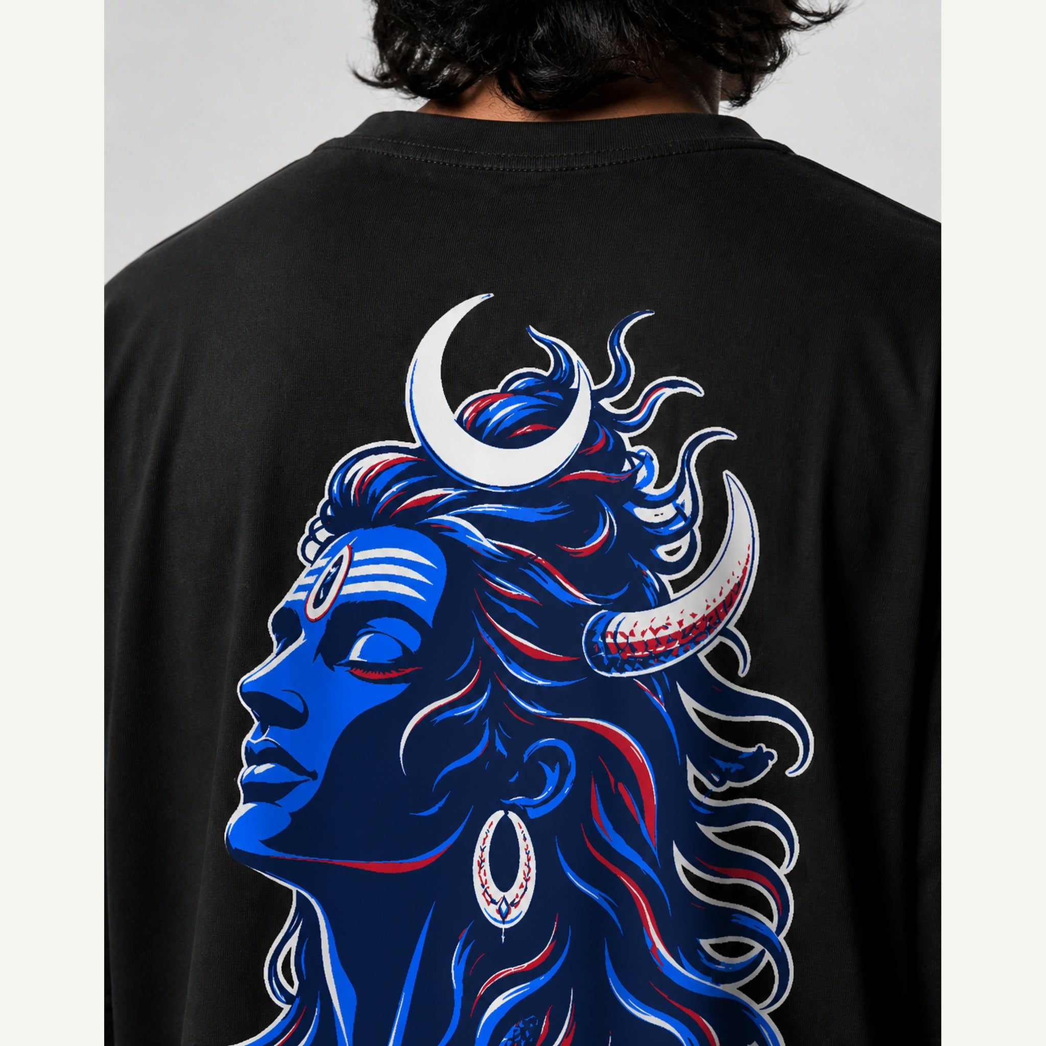 Shiva Dark Blue Profile Oversized T-Shirt black oversized T-shirt back print mockup 4