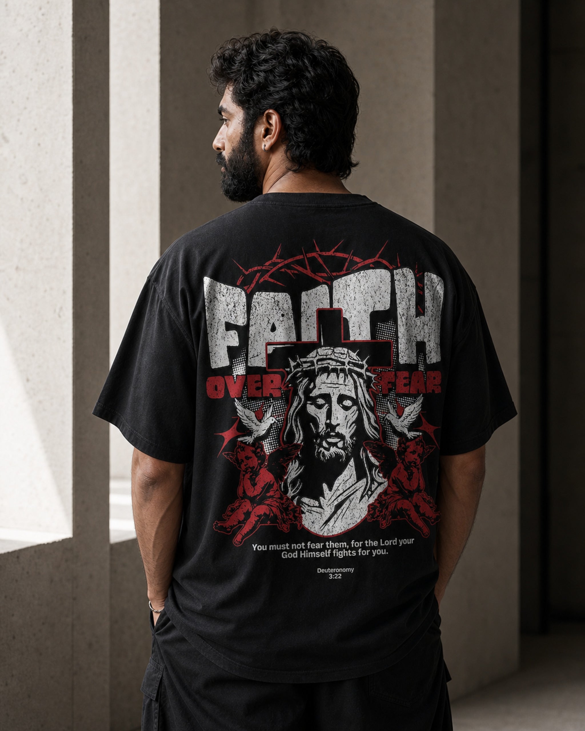 Faith Over Fear Oversized T-Shirt black oversized T-shirt product mockup