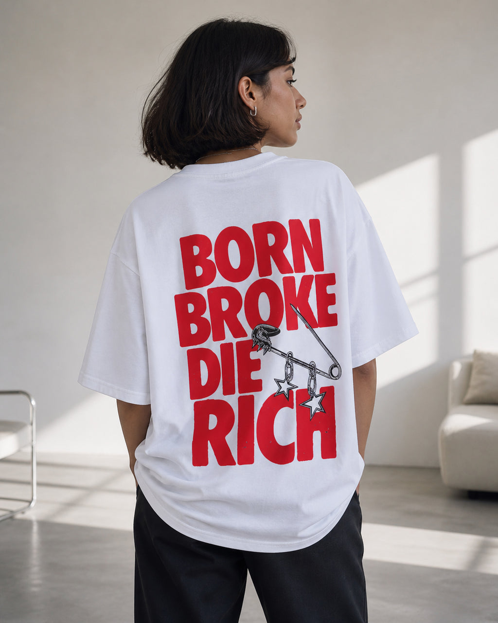 Born Broke Die Rich Oversized T-Shirt black oversized T-shirt back hero