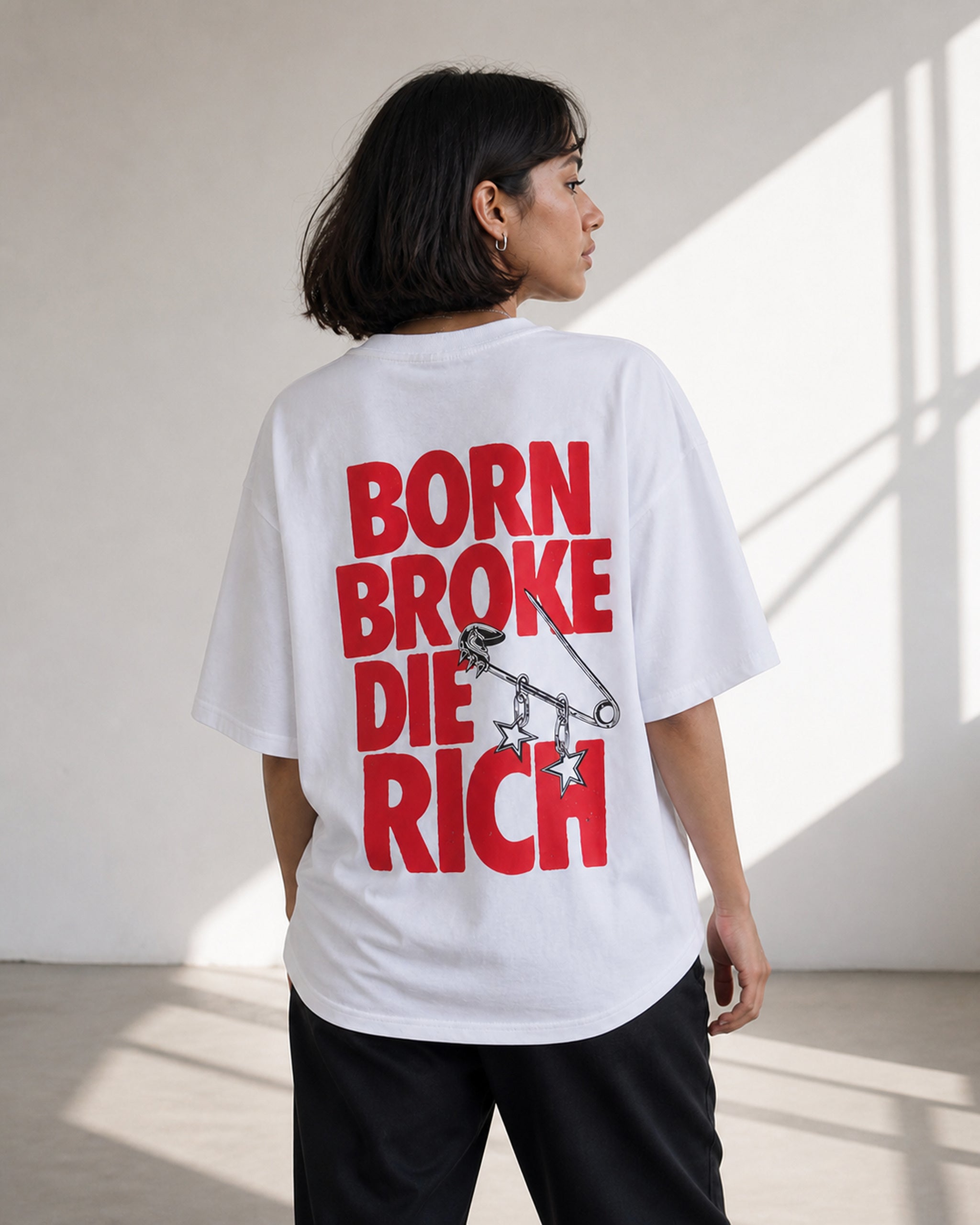 Born Broke Die Rich Oversized T-Shirt black oversized T-shirt product mockup