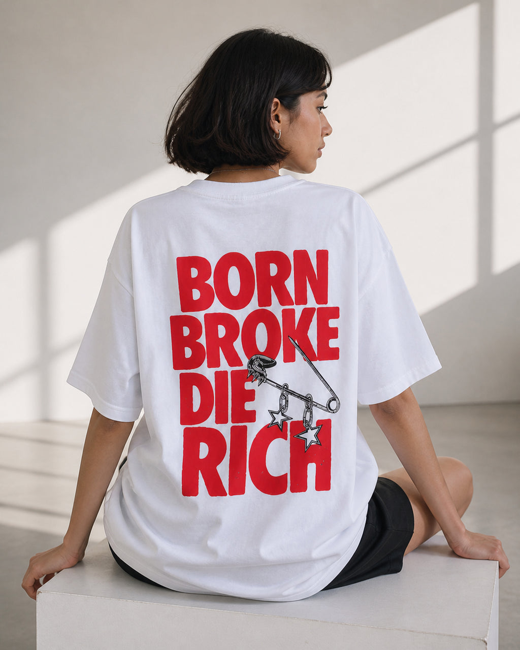 Born Broke Die Rich Oversized T-Shirt black oversized T-shirt product mockup
