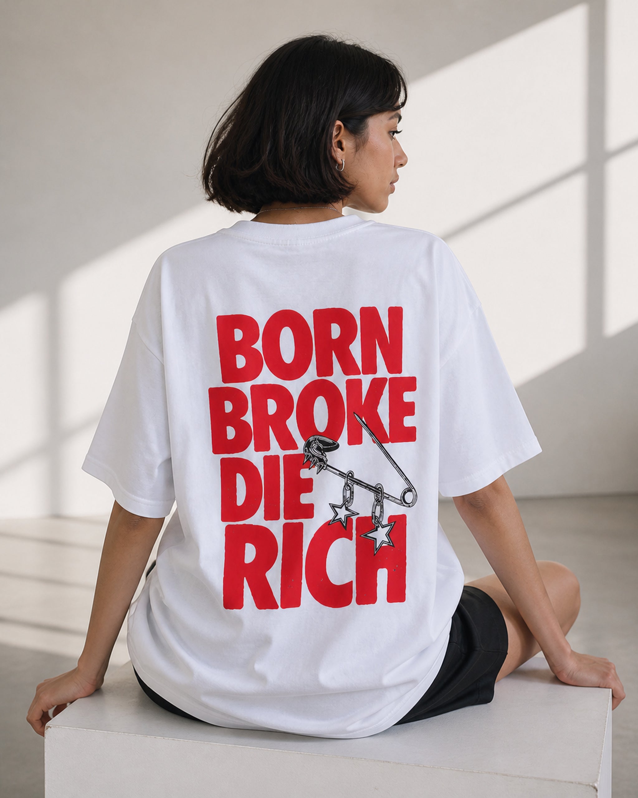 Born Broke Die Rich Oversized T-Shirt black oversized T-shirt product mockup