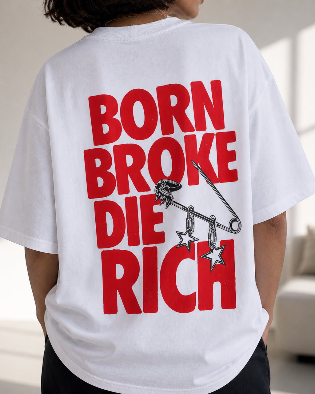 Born Broke Die Rich Oversized T-Shirt black oversized T-shirt product mockup