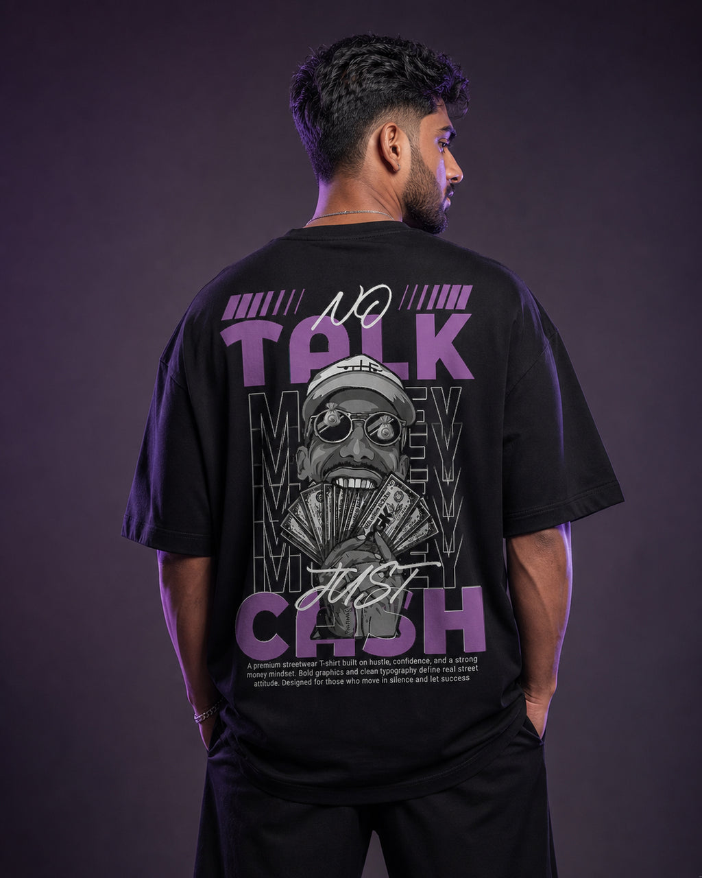 No Talk Money Just Cash Oversized T-Shirt black oversized T-shirt back hero