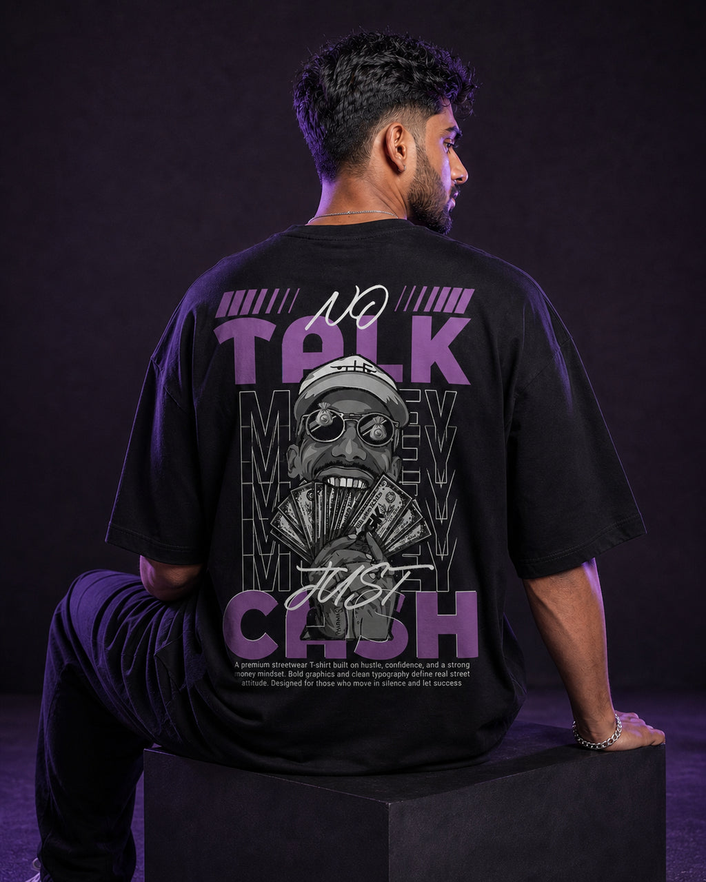 No Talk Money Just Cash Oversized T-Shirt black oversized T-shirt back hero