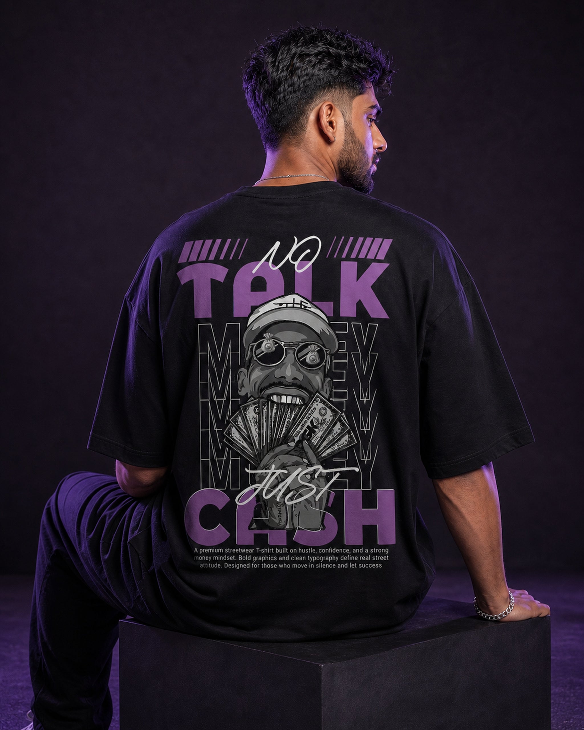 No Talk Money Just Cash Oversized T-Shirt black oversized T-shirt back hero