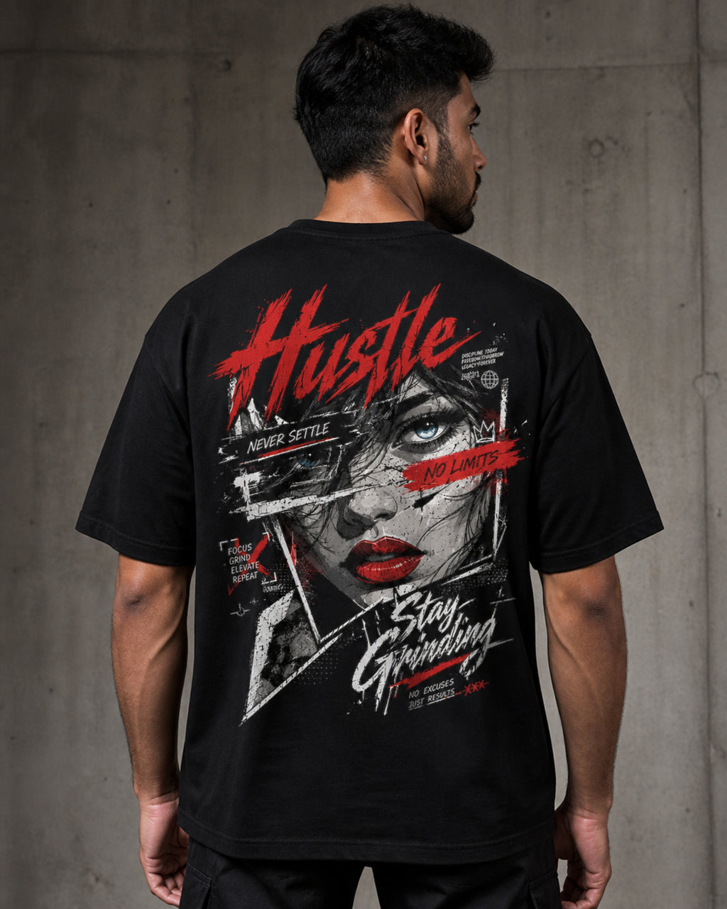 Hustle Never Settle Oversized T-Shirt black oversized T-shirt back hero