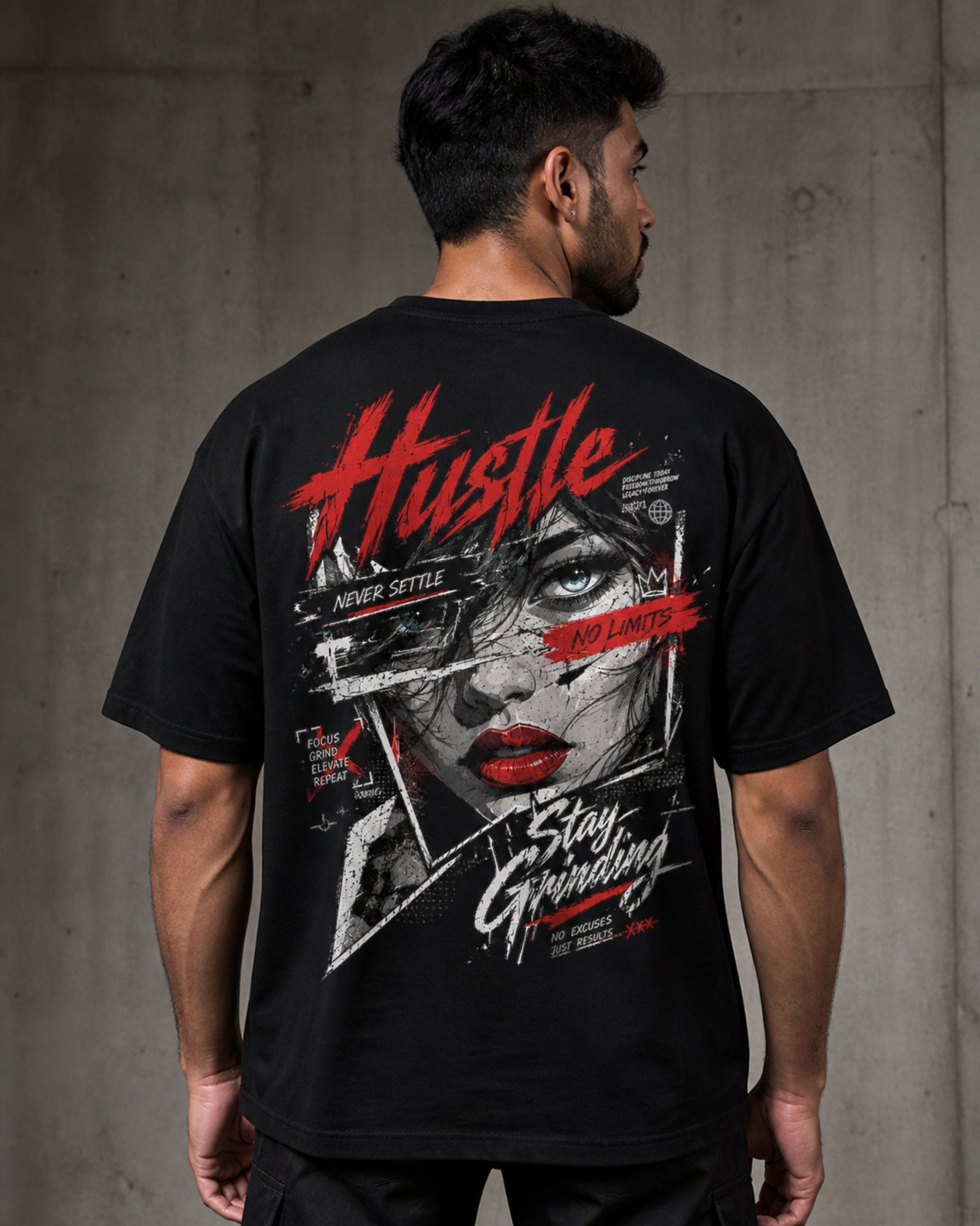 Hustle Never Settle Oversized T-Shirt black oversized T-shirt back hero