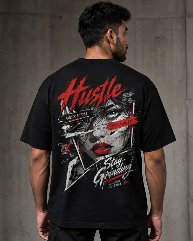 Hustle Never Settle Oversized T-Shirt black oversized T-shirt back hero