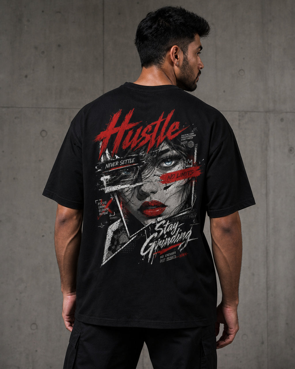 Hustle Never Settle Oversized T-Shirt black oversized T-shirt back hero