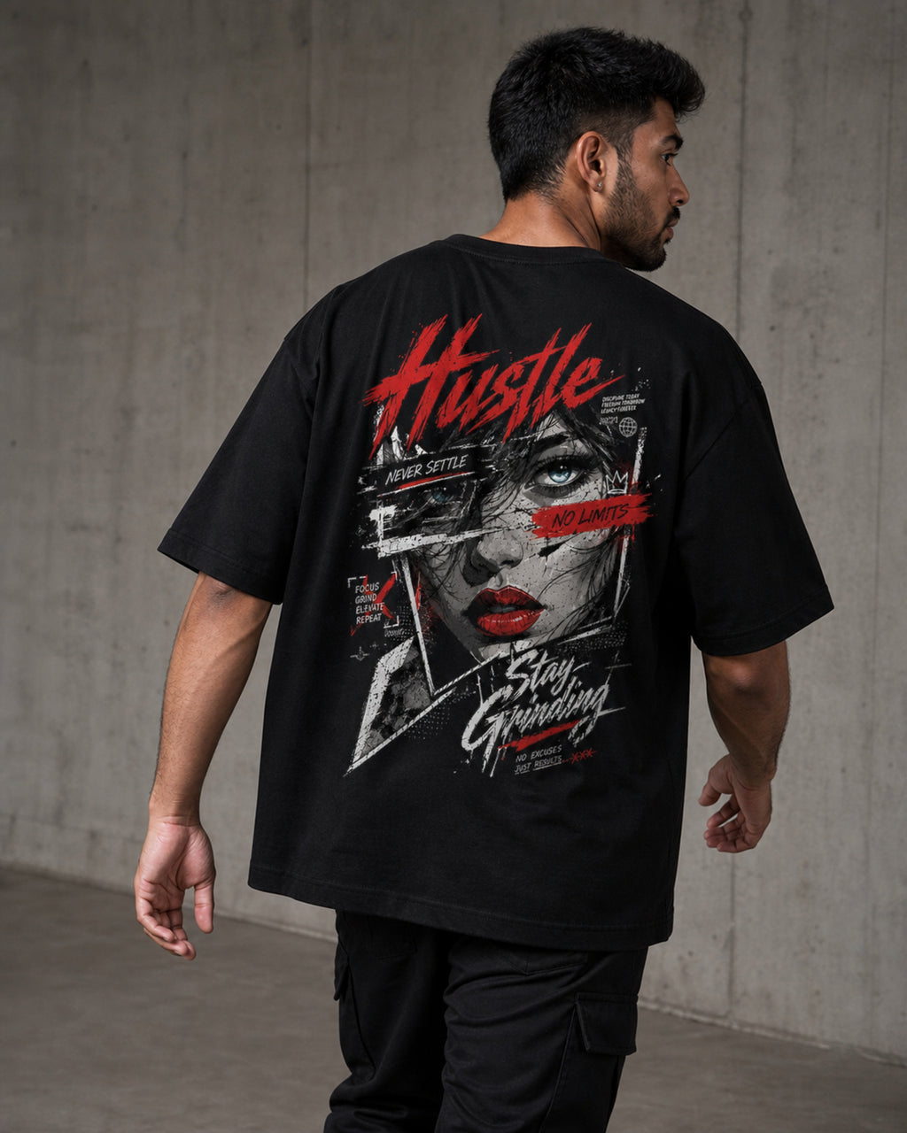 Hustle Never Settle Oversized T-Shirt black oversized T-shirt back hero