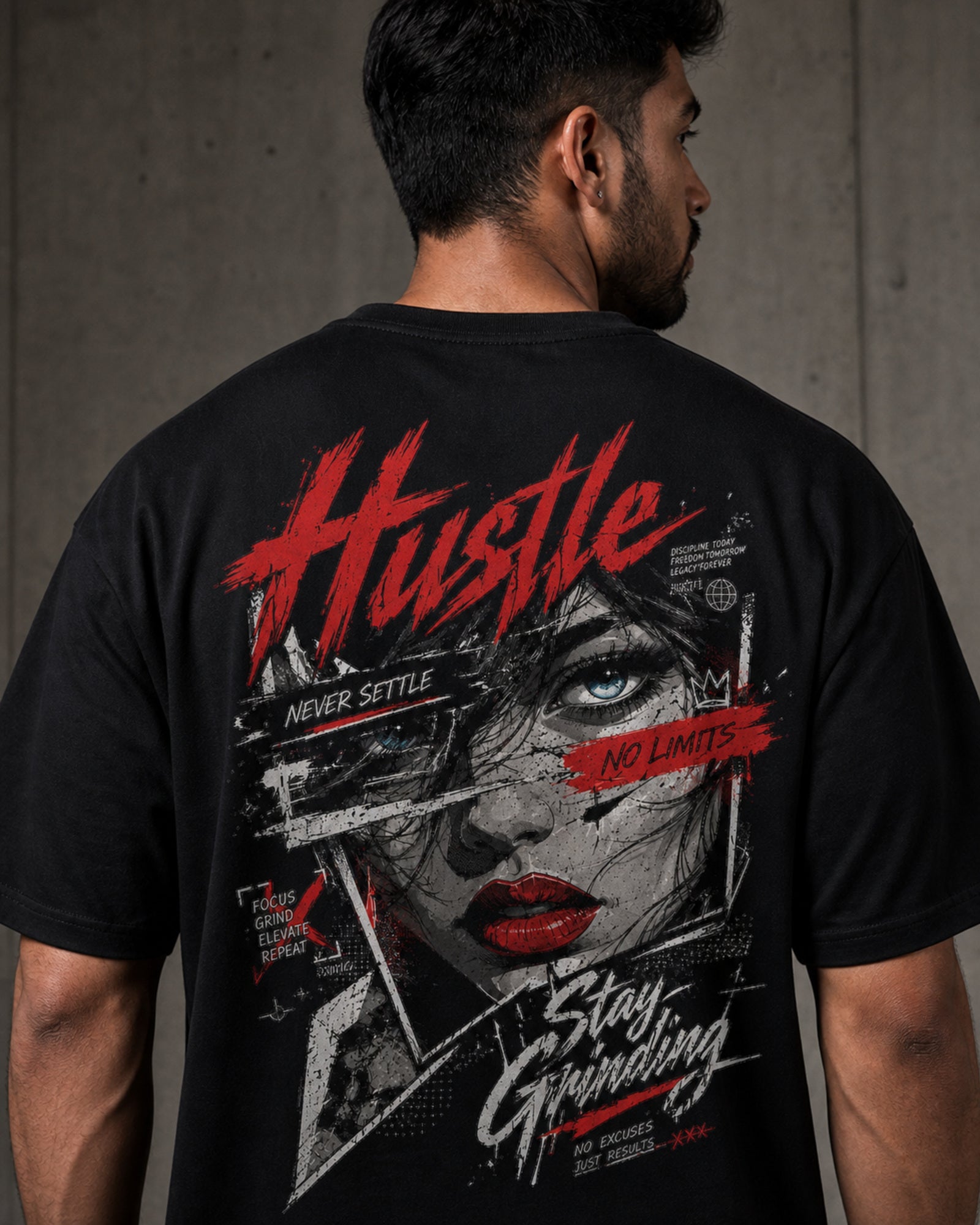 Hustle Never Settle Oversized T-Shirt black oversized T-shirt back hero