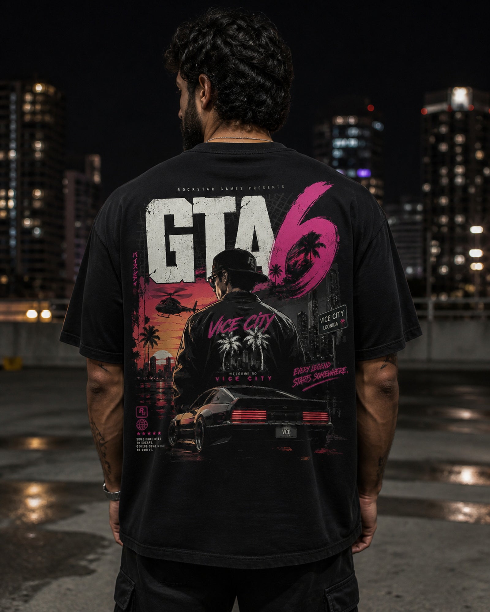Neon Vice City Oversized T-Shirt black oversized T-shirt back hero