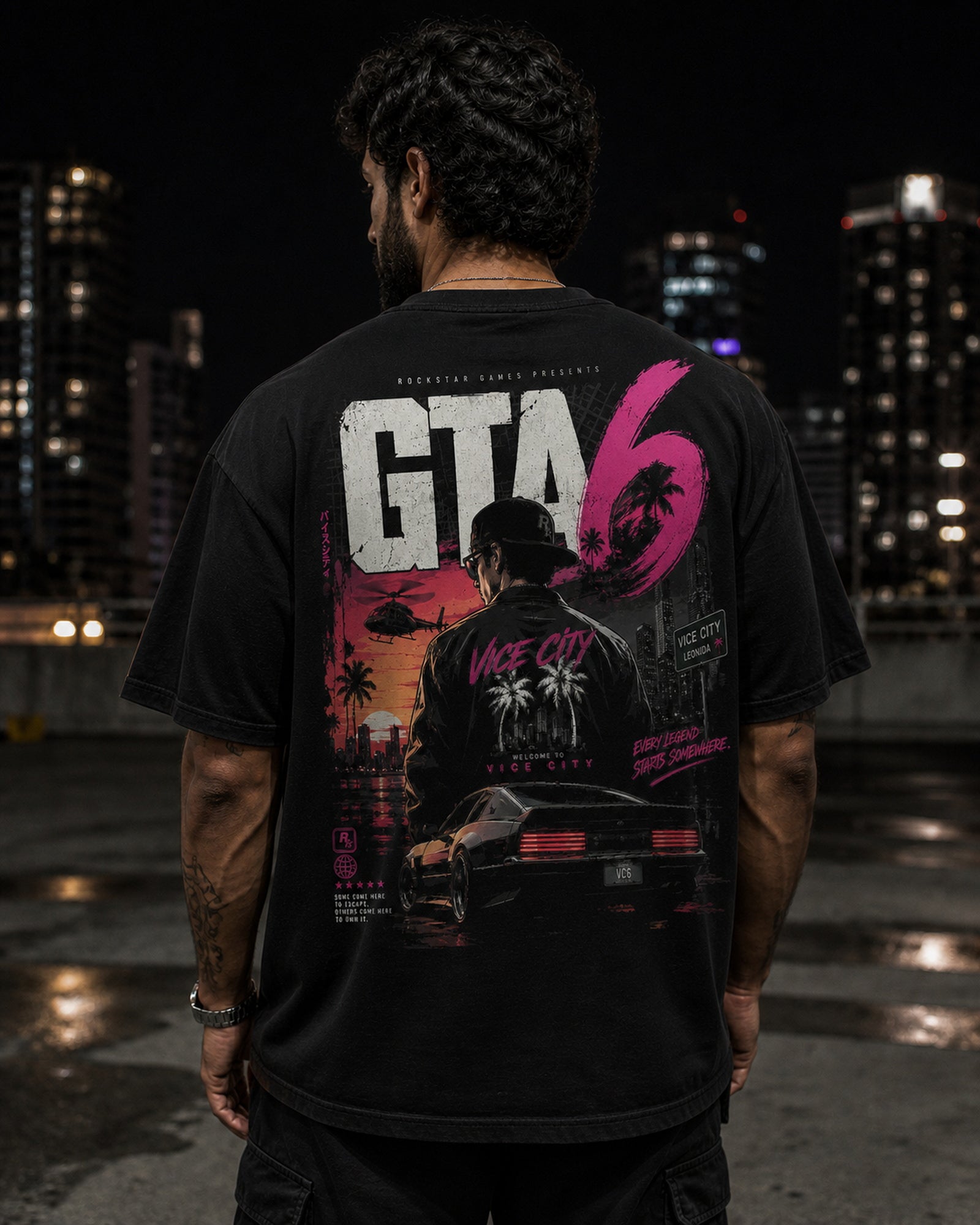 Neon Vice City Oversized T-Shirt black oversized T-shirt back hero