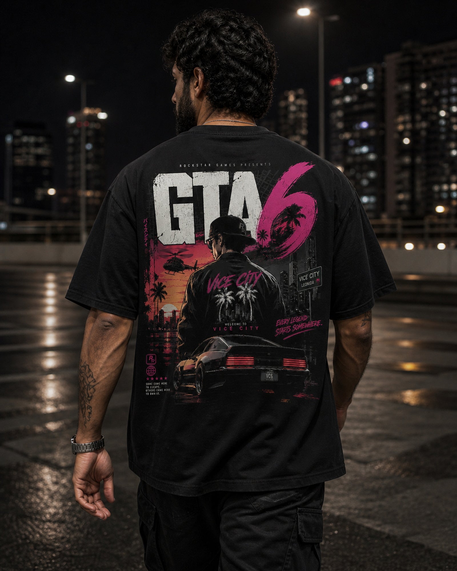 Neon Vice City Oversized T-Shirt black oversized T-shirt back hero