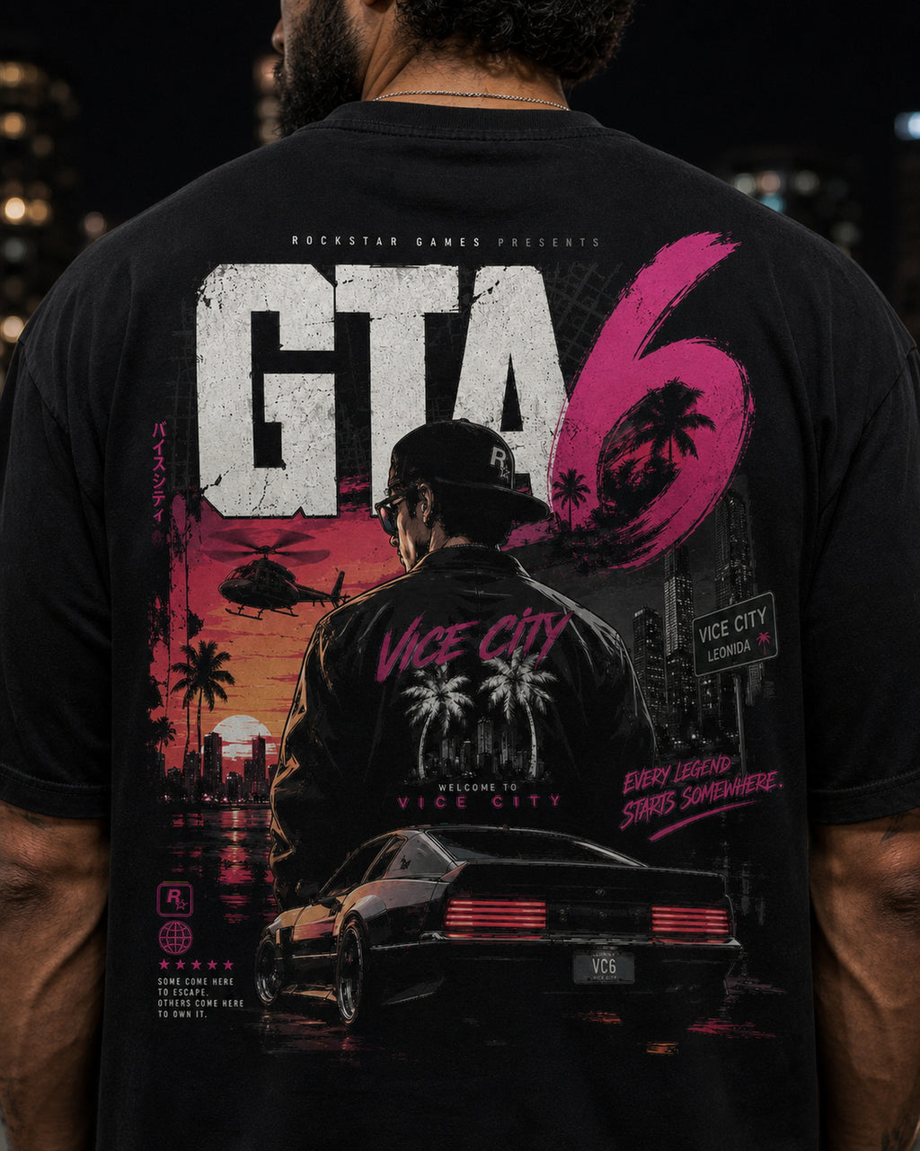 Neon Vice City Oversized T-Shirt black oversized T-shirt back hero