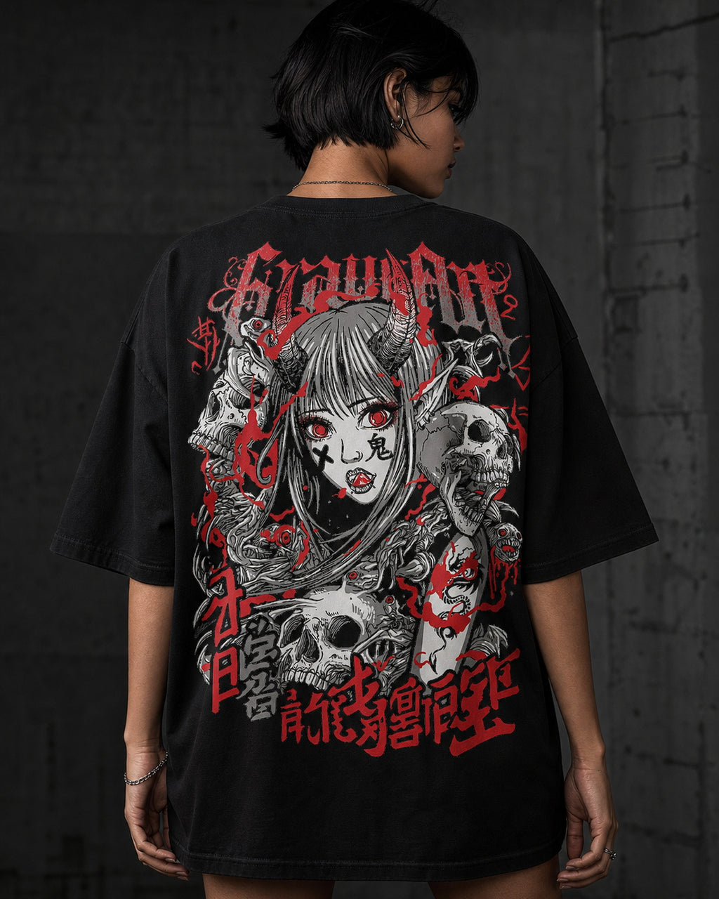 Grow Girl Manga Horror Oversized T-Shirt black oversized T-shirt back hero
