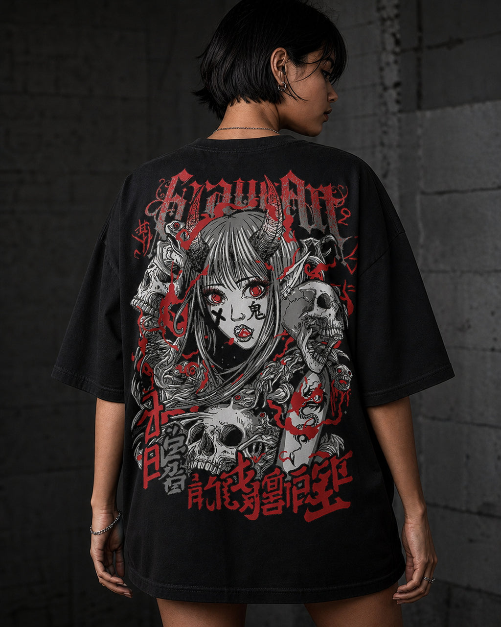 Grow Girl Manga Horror Oversized T-Shirt black oversized T-shirt back hero