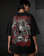 Grow Girl Manga Horror Oversized T-Shirt black oversized T-shirt back hero