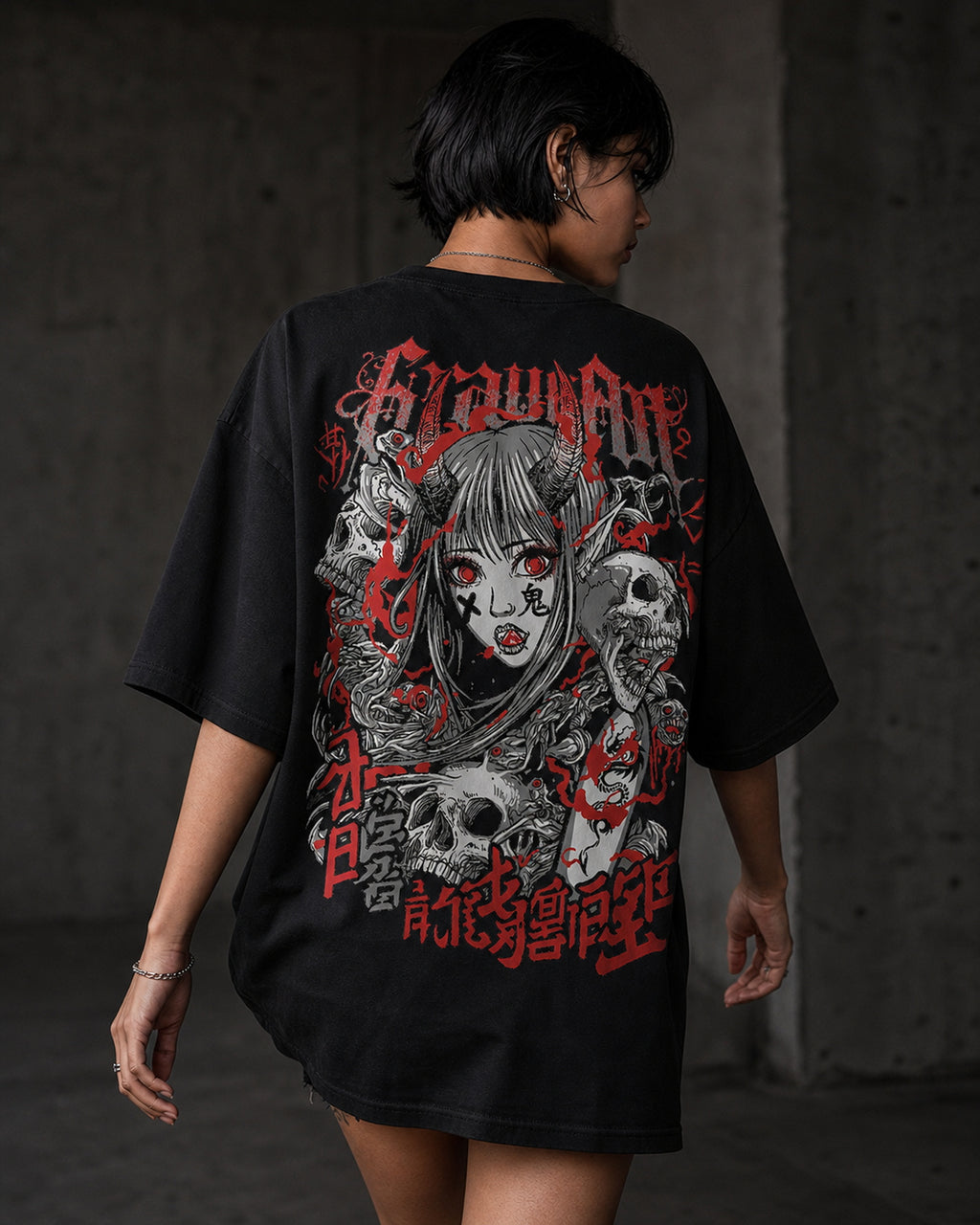Grow Girl Manga Horror Oversized T-Shirt black oversized T-shirt back hero