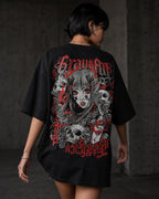 Grow Girl Manga Horror Oversized T-Shirt black oversized T-shirt back hero