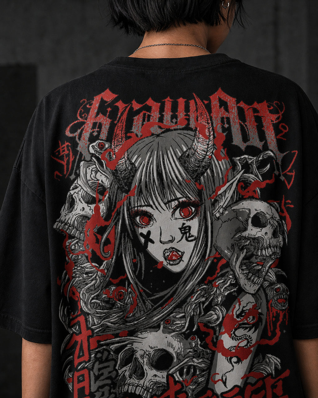 Grow Girl Manga Horror Oversized T-Shirt black oversized T-shirt back hero
