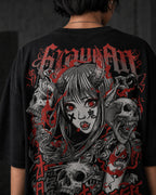 Grow Girl Manga Horror Oversized T-Shirt black oversized T-shirt back hero