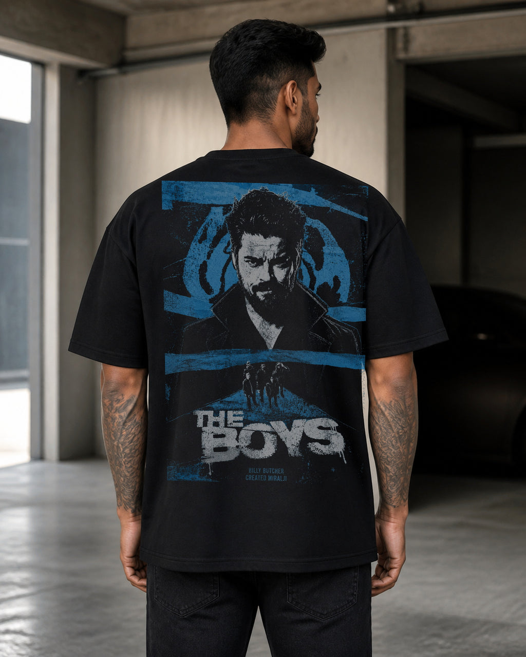 Blue Vigilante Grunge Oversized T-Shirt black oversized T-shirt back hero