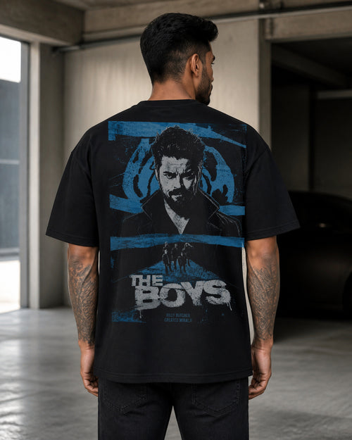 Blue Vigilante Grunge Oversized T-Shirt black oversized T-shirt back hero