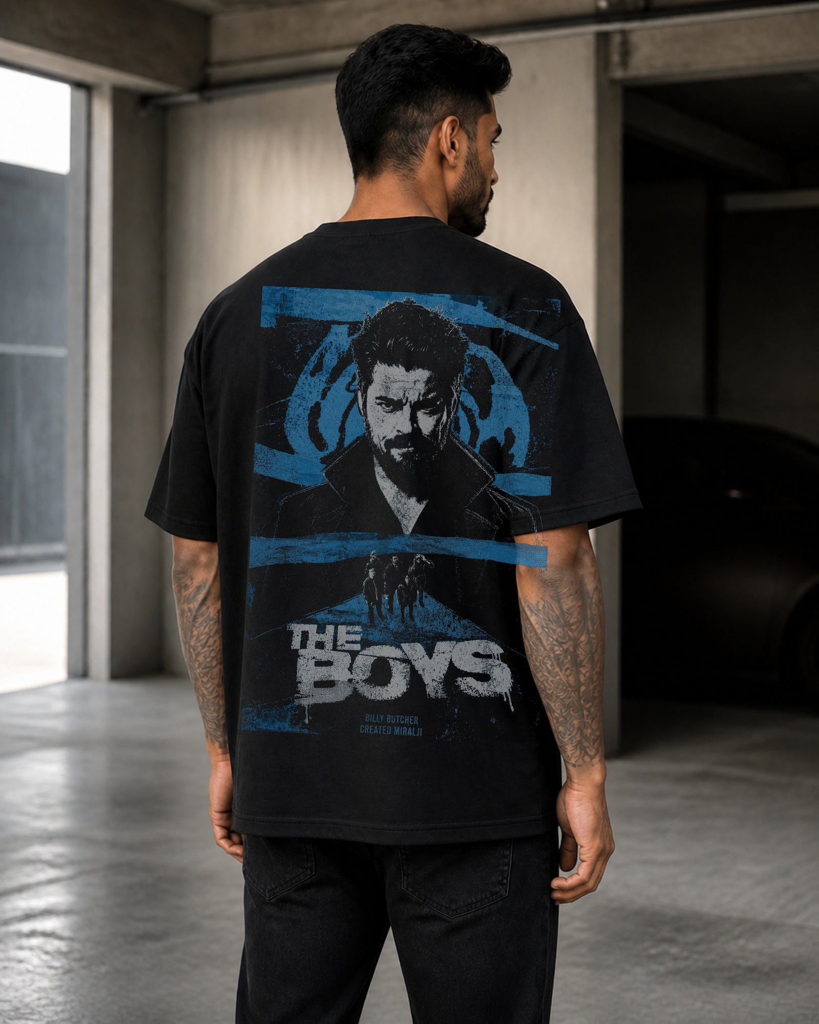 Blue Vigilante Grunge Oversized T-Shirt black oversized T-shirt product mockup
