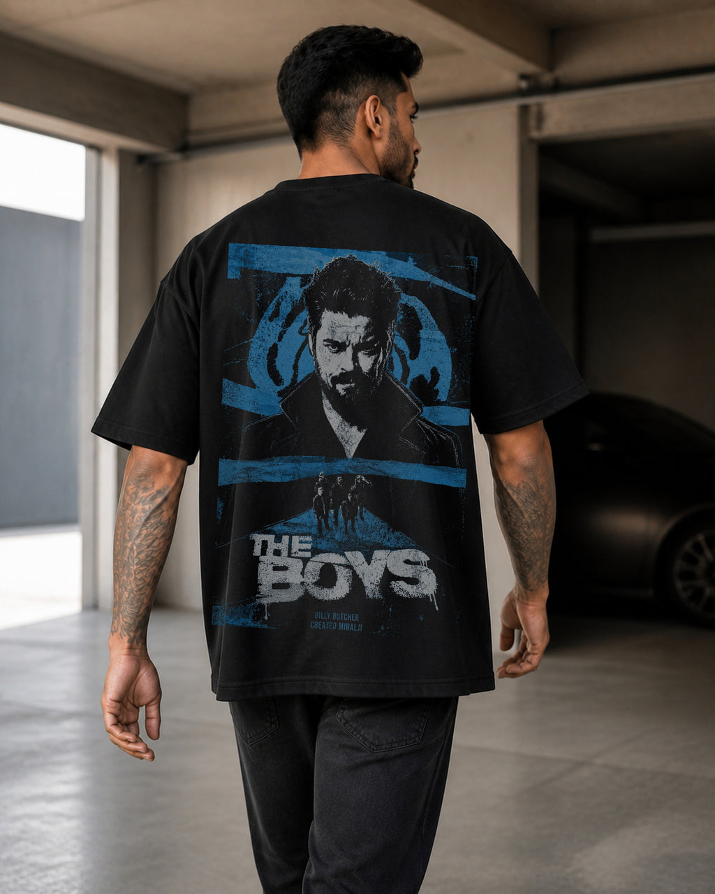 Blue Vigilante Grunge Oversized T-Shirt black oversized T-shirt product mockup