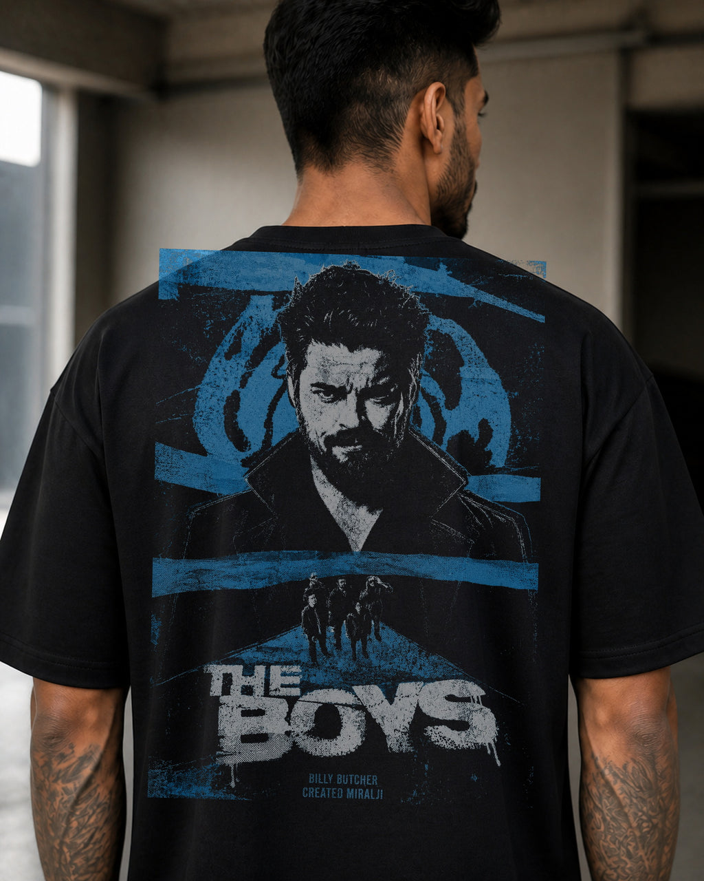 Blue Vigilante Grunge Oversized T-Shirt black oversized T-shirt product mockup