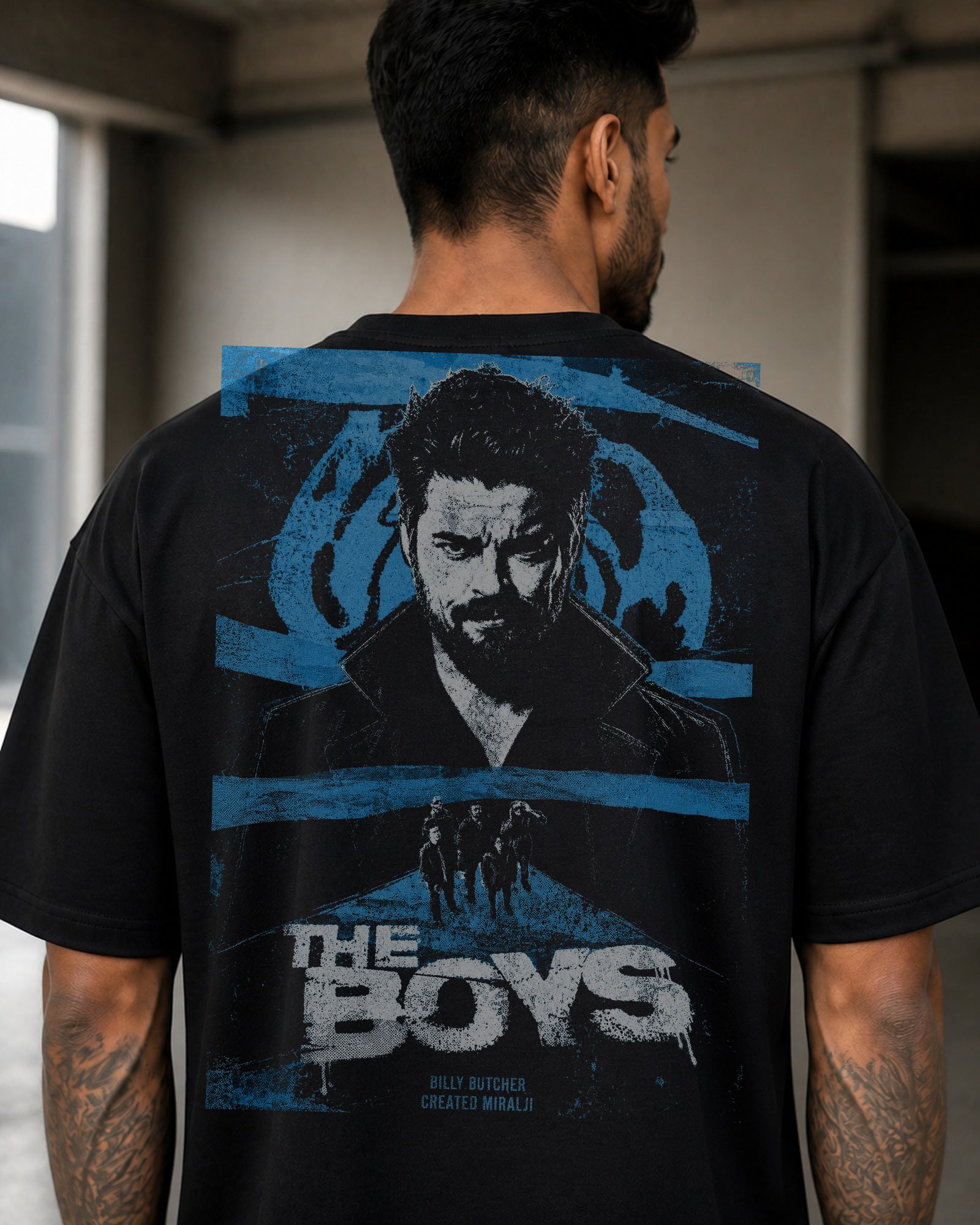 Blue Vigilante Grunge Oversized T-Shirt black oversized T-shirt product mockup