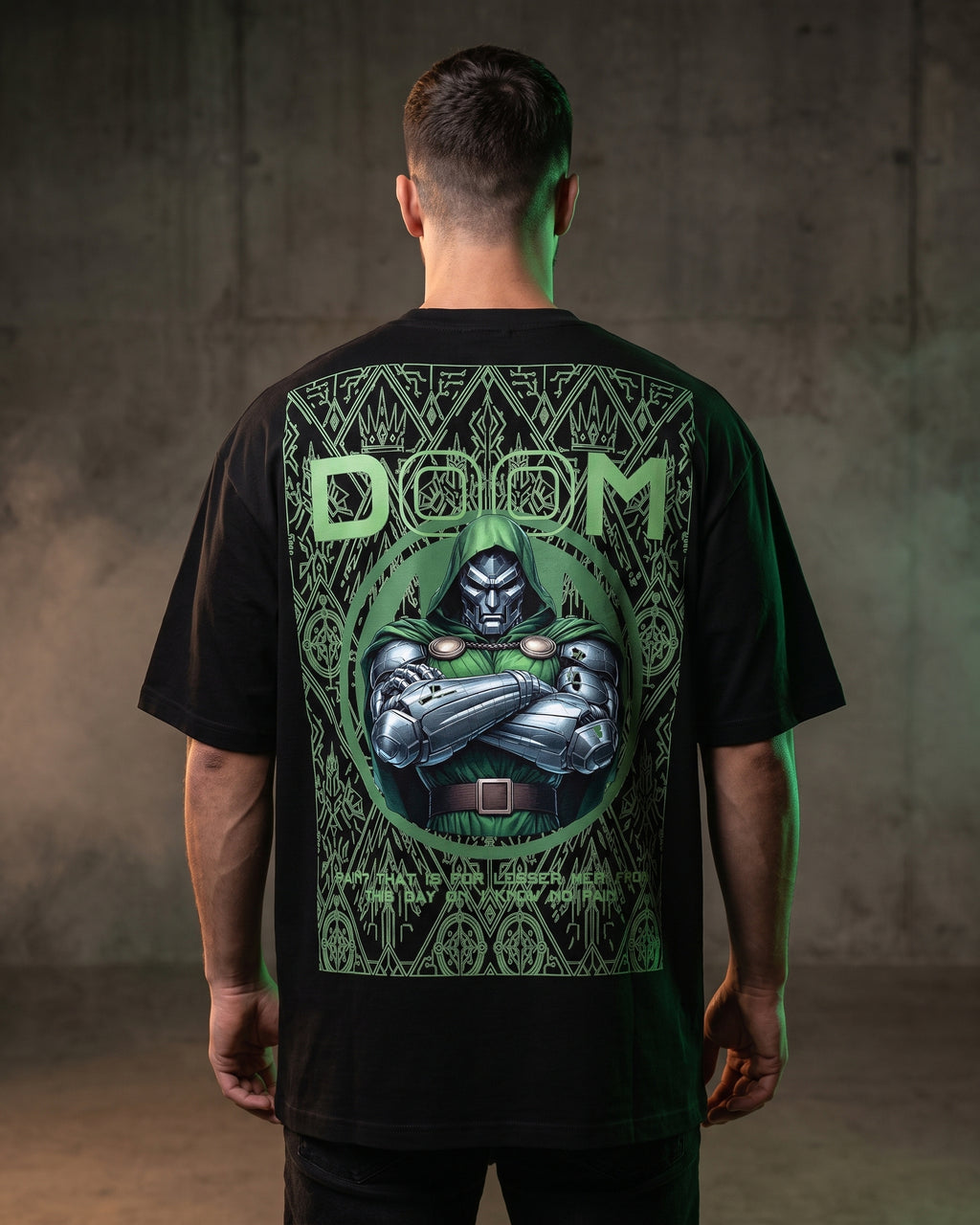 Green Armored Doom Oversized T-Shirt black oversized T-shirt back hero