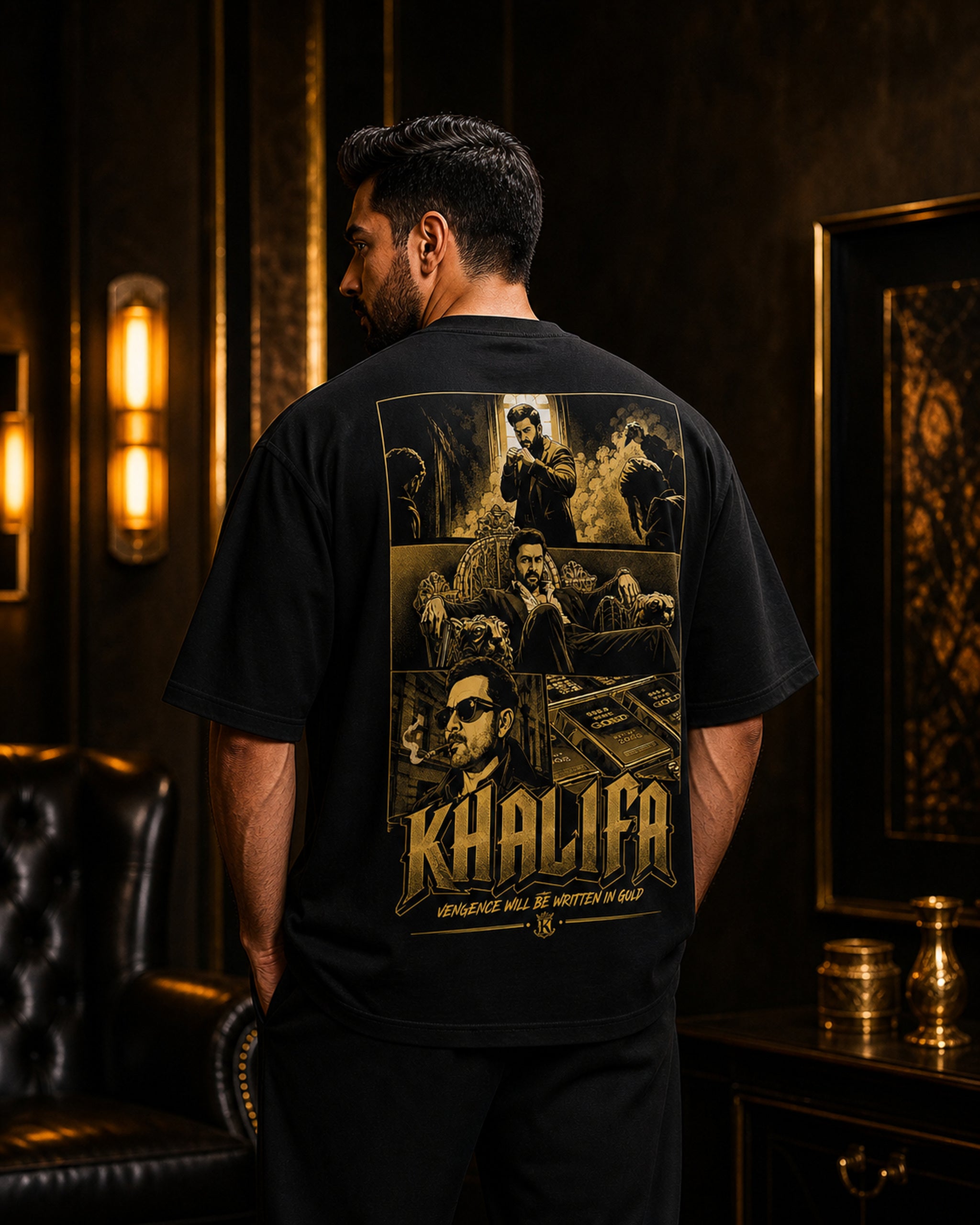 Khalifa Gold Empire Oversized T-Shirt black oversized T-shirt product mockup