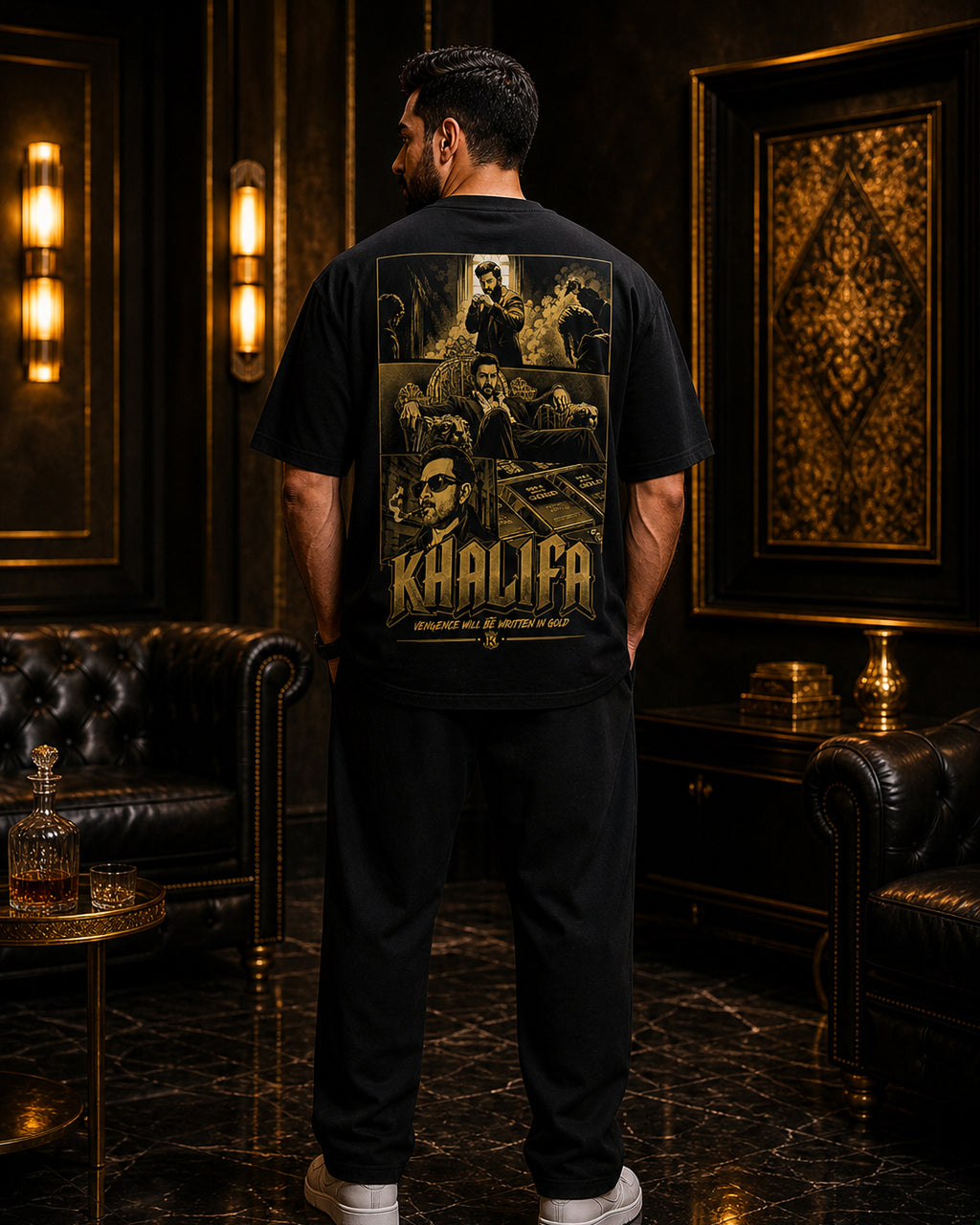 Khalifa Gold Empire Oversized T-Shirt black oversized T-shirt product mockup
