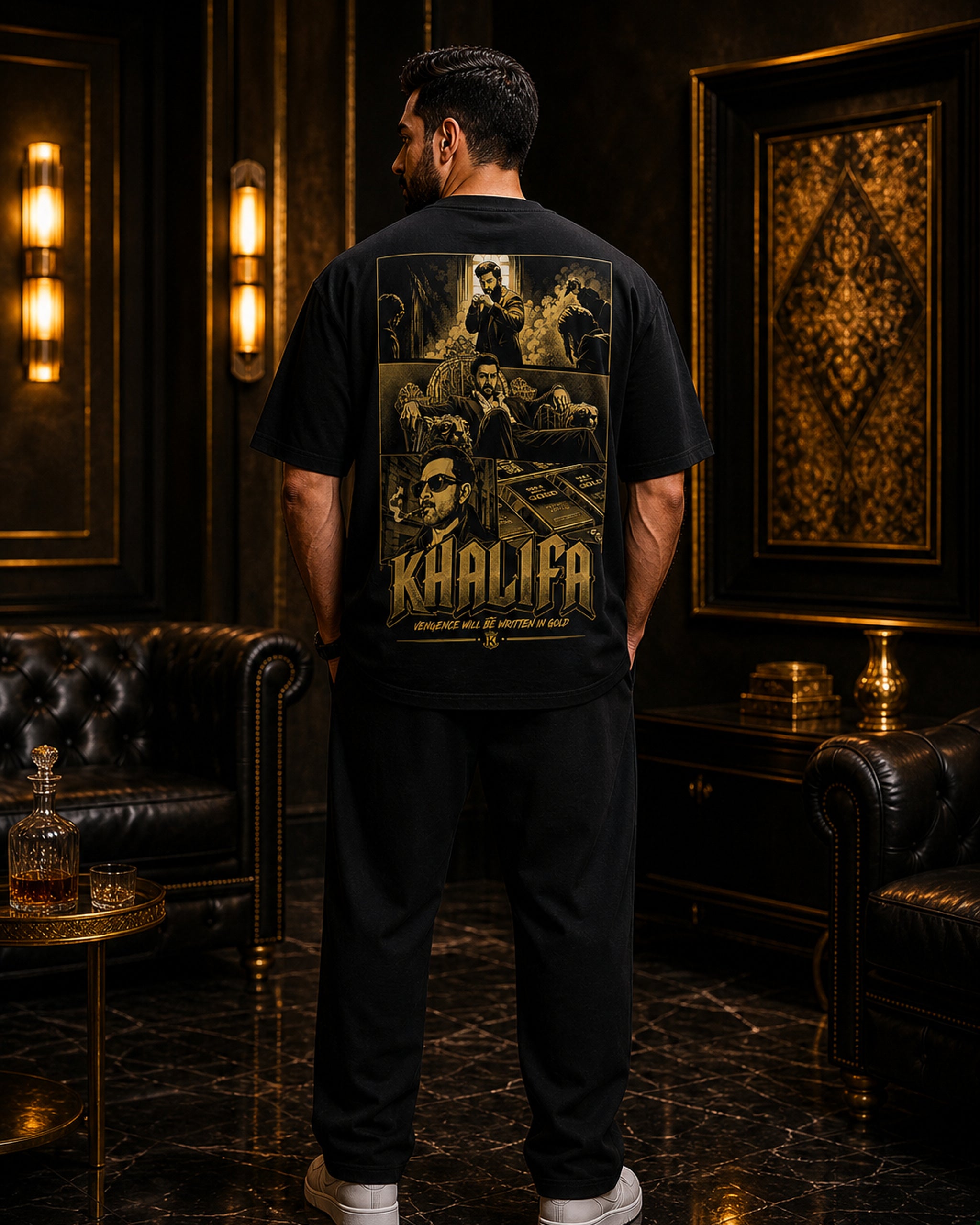 Khalifa Gold Empire Oversized T-Shirt black oversized T-shirt product mockup
