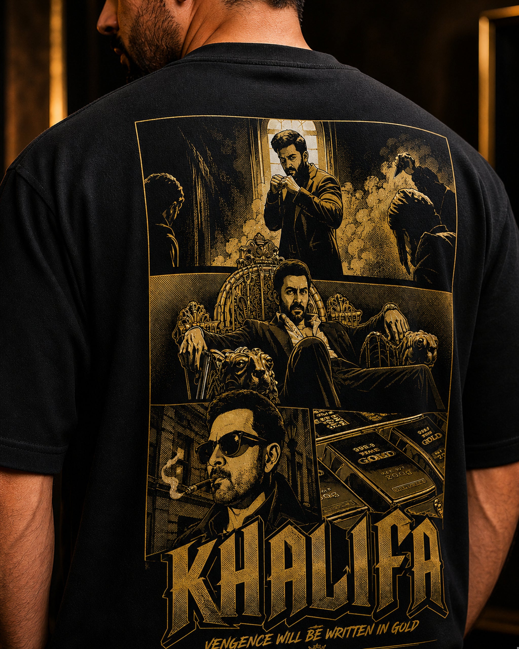 Khalifa Gold Empire Oversized T-Shirt black oversized T-shirt product mockup