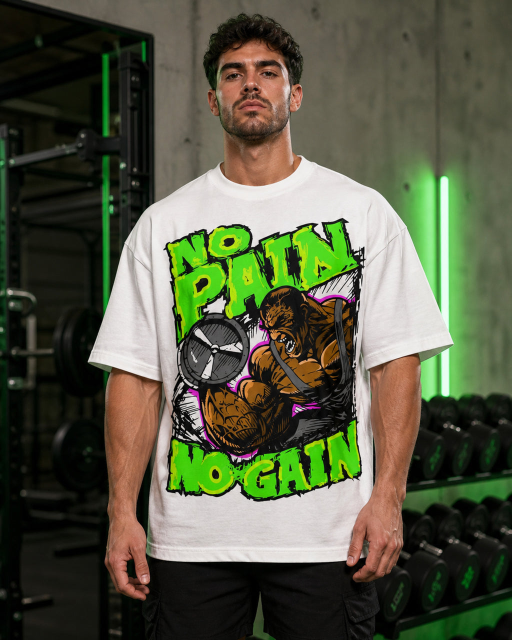 No Pain No Gain Monster Gym Oversized T-Shirt black oversized T-shirt back hero