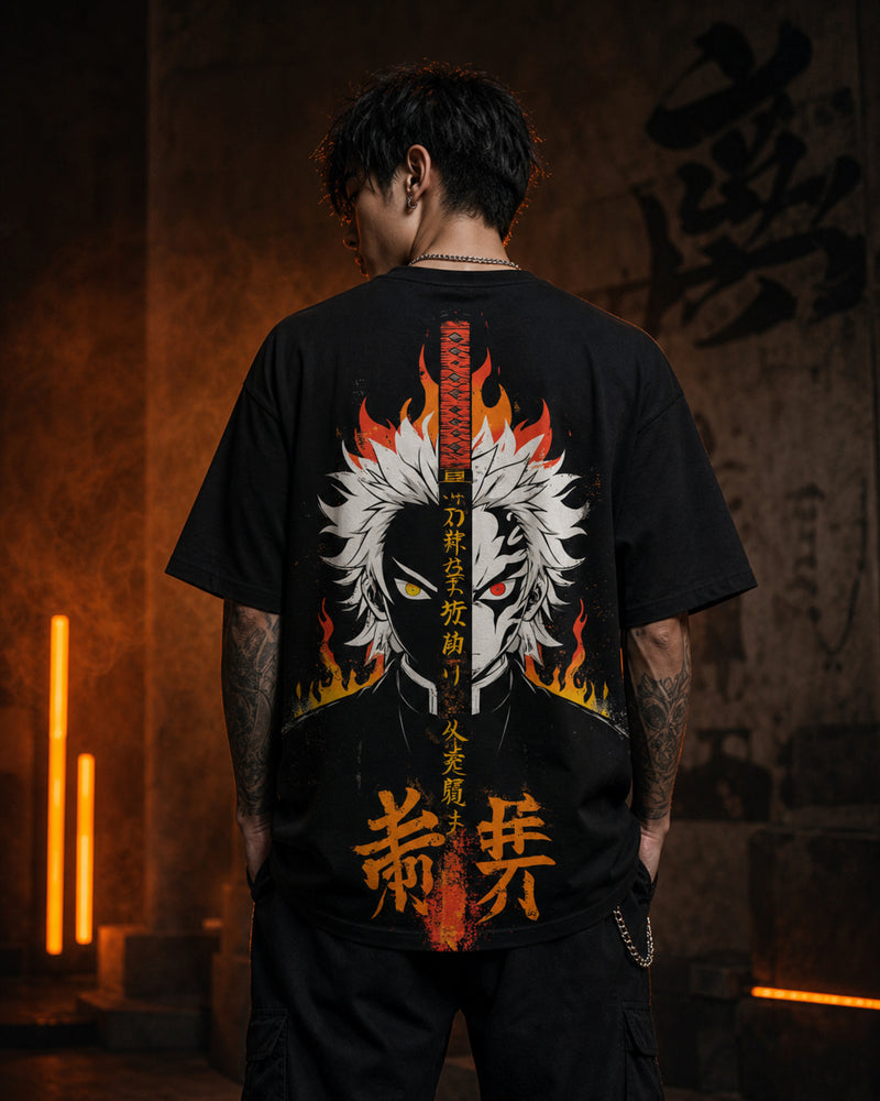 Flame Sword Anime-Inspired Oversized T-Shirt black oversized T-shirt back hero