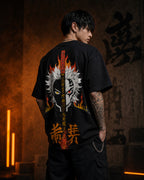 Flame Sword Anime-Inspired Oversized T-Shirt black oversized T-shirt product mockup
