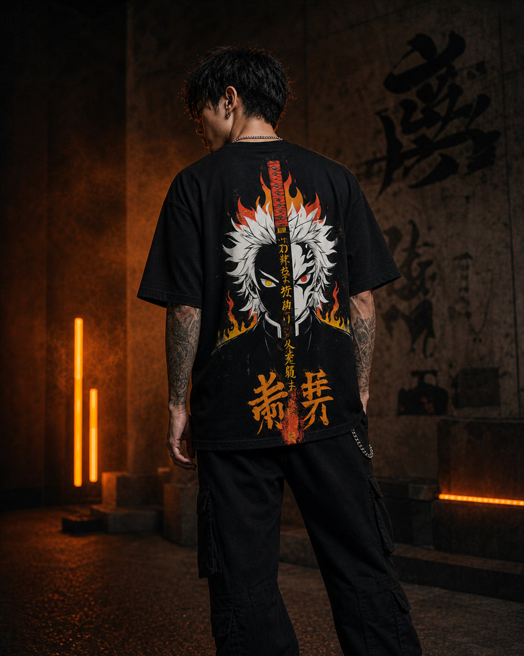 Flame Sword Anime-Inspired Oversized T-Shirt black oversized T-shirt product mockup