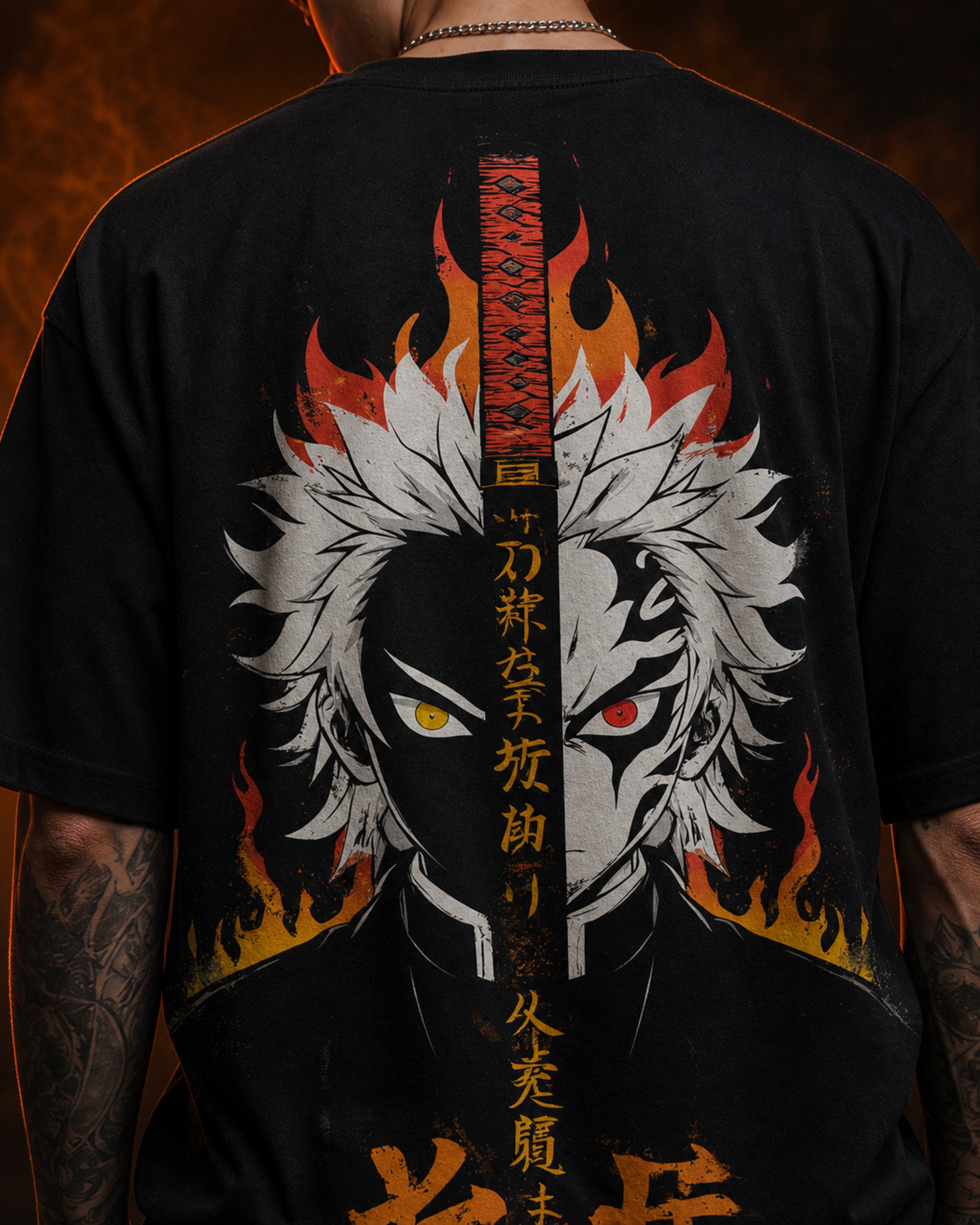 Flame Sword Anime-Inspired Oversized T-Shirt black oversized T-shirt product mockup