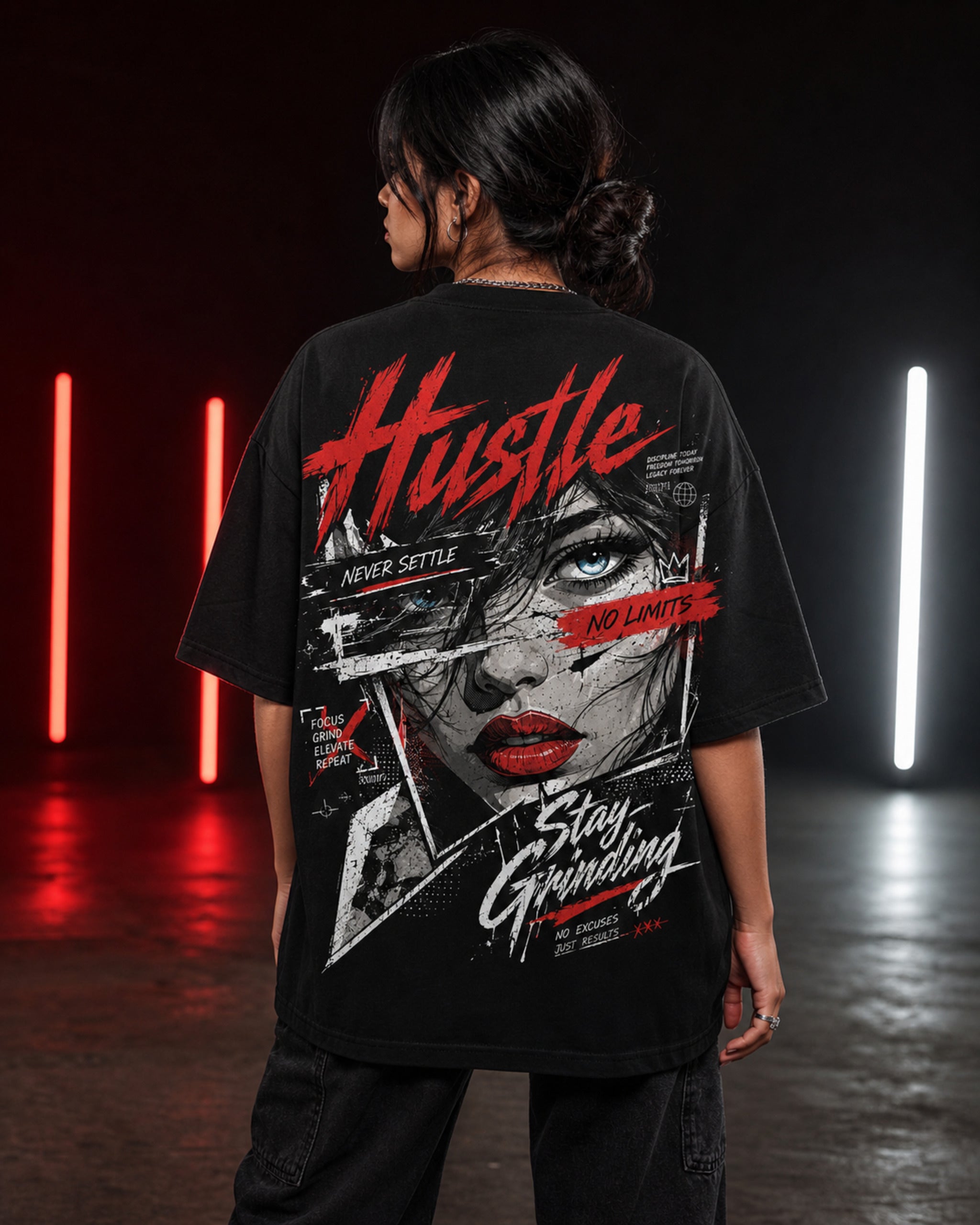 Hustle Stay Grinding Oversized T-Shirt black oversized T-shirt back hero