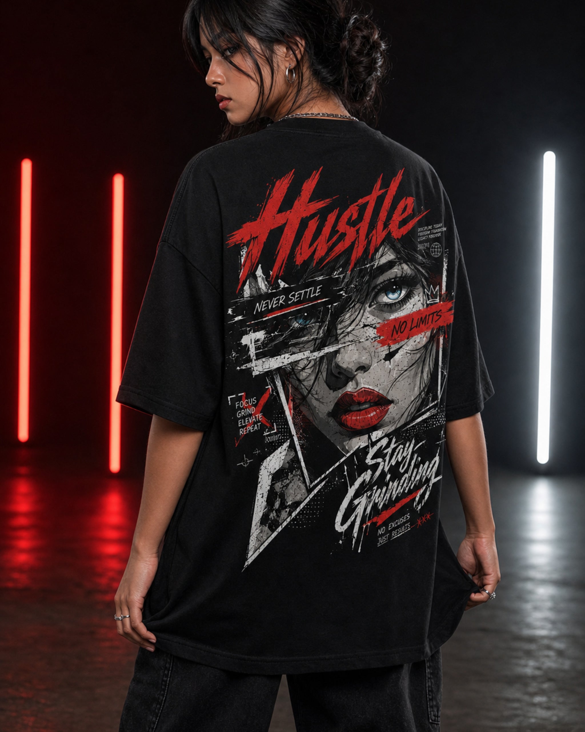 Hustle Stay Grinding Oversized T-Shirt black oversized T-shirt product mockup