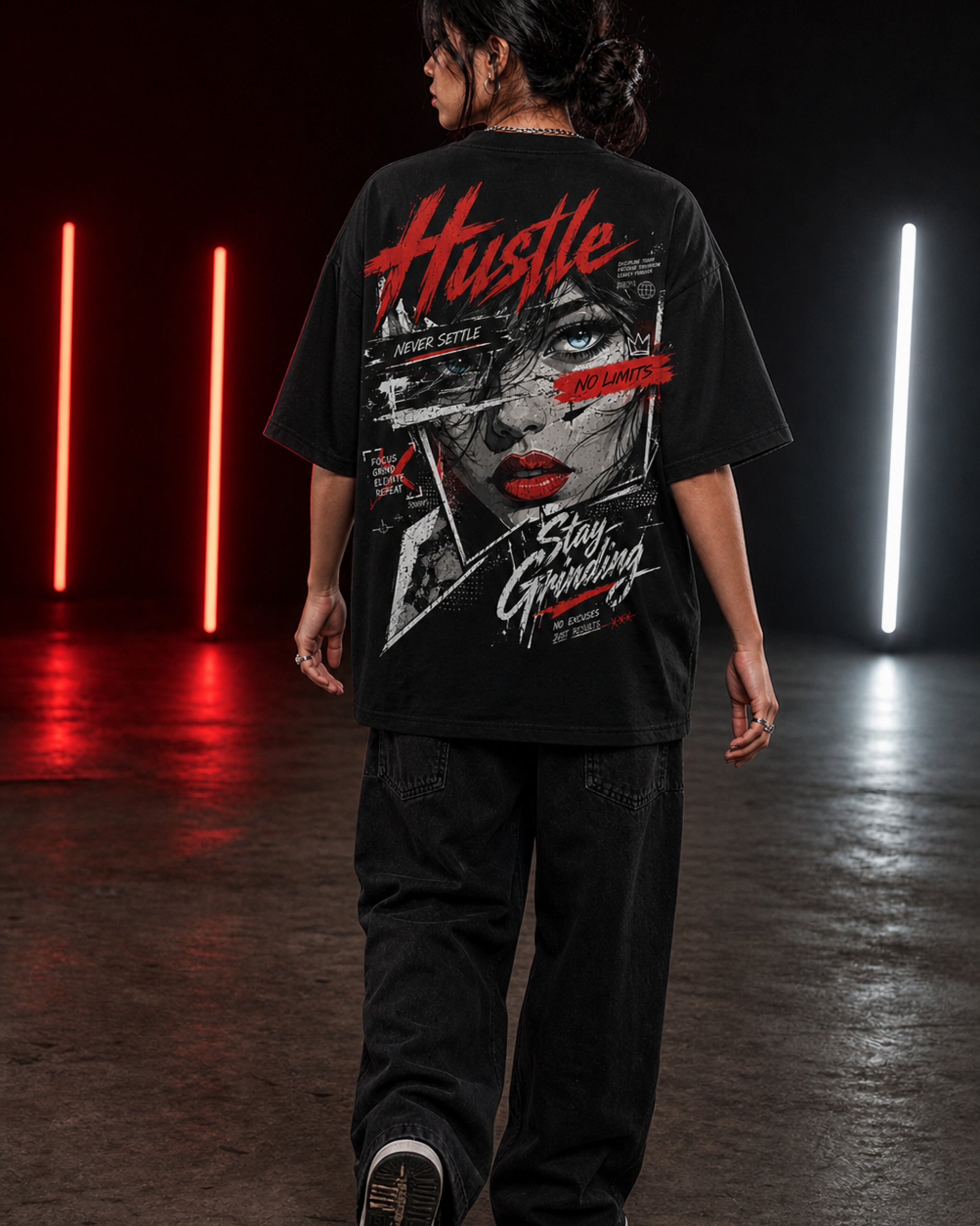 Hustle Stay Grinding Oversized T-Shirt black oversized T-shirt product mockup