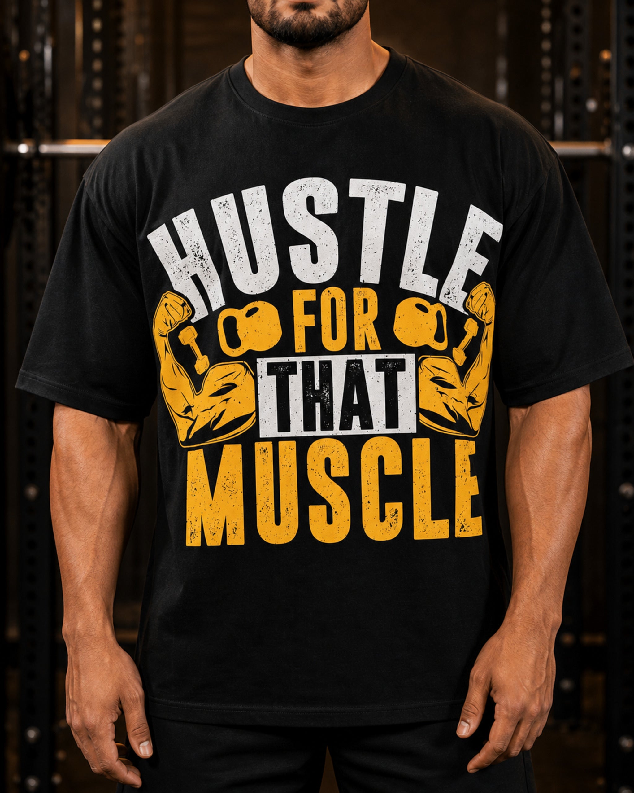 Hustle For That Muscle Oversized T-Shirt black oversized T-shirt product mockup