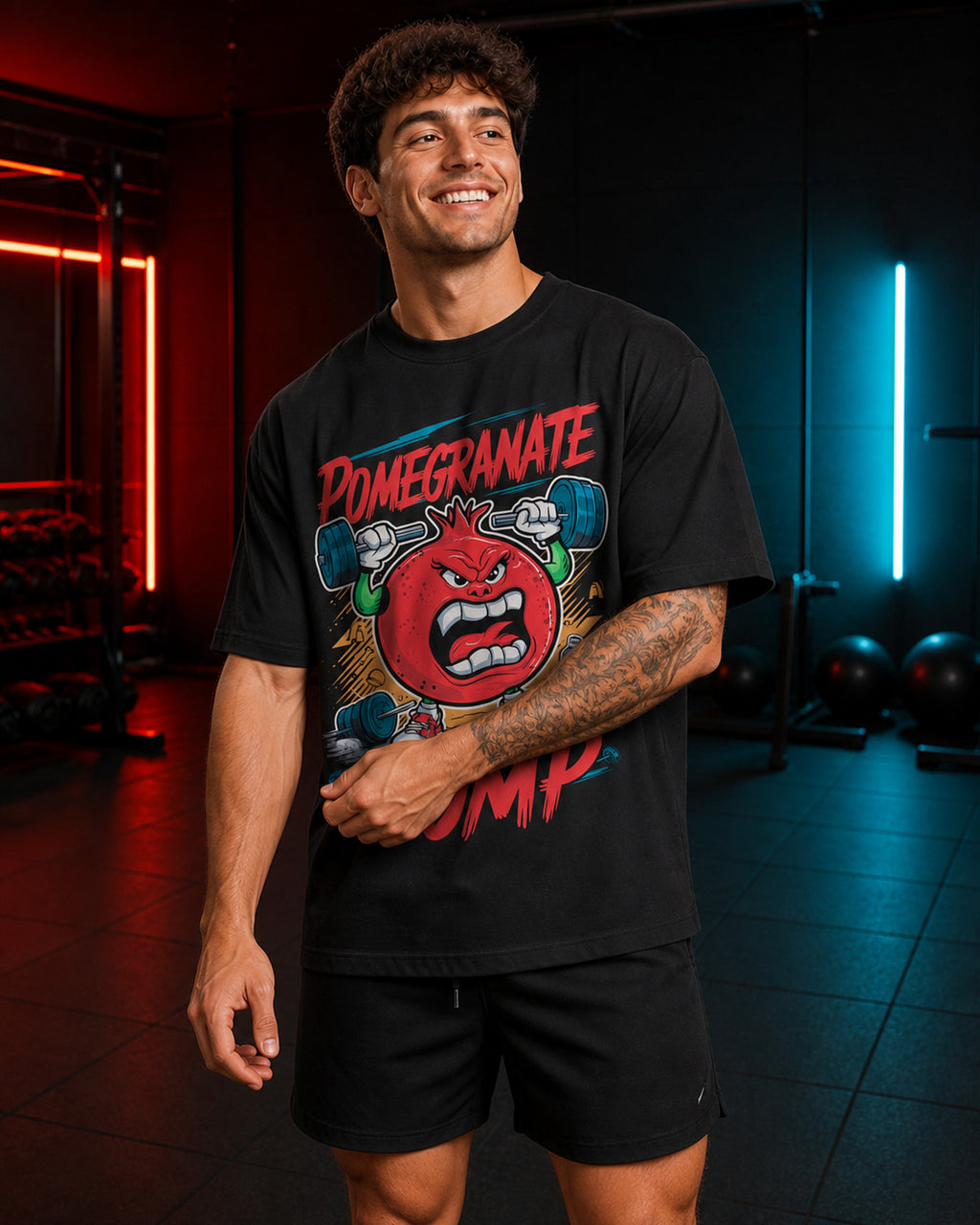 Pomegranate Pump Gym Oversized T-Shirt black oversized T-shirt product mockup