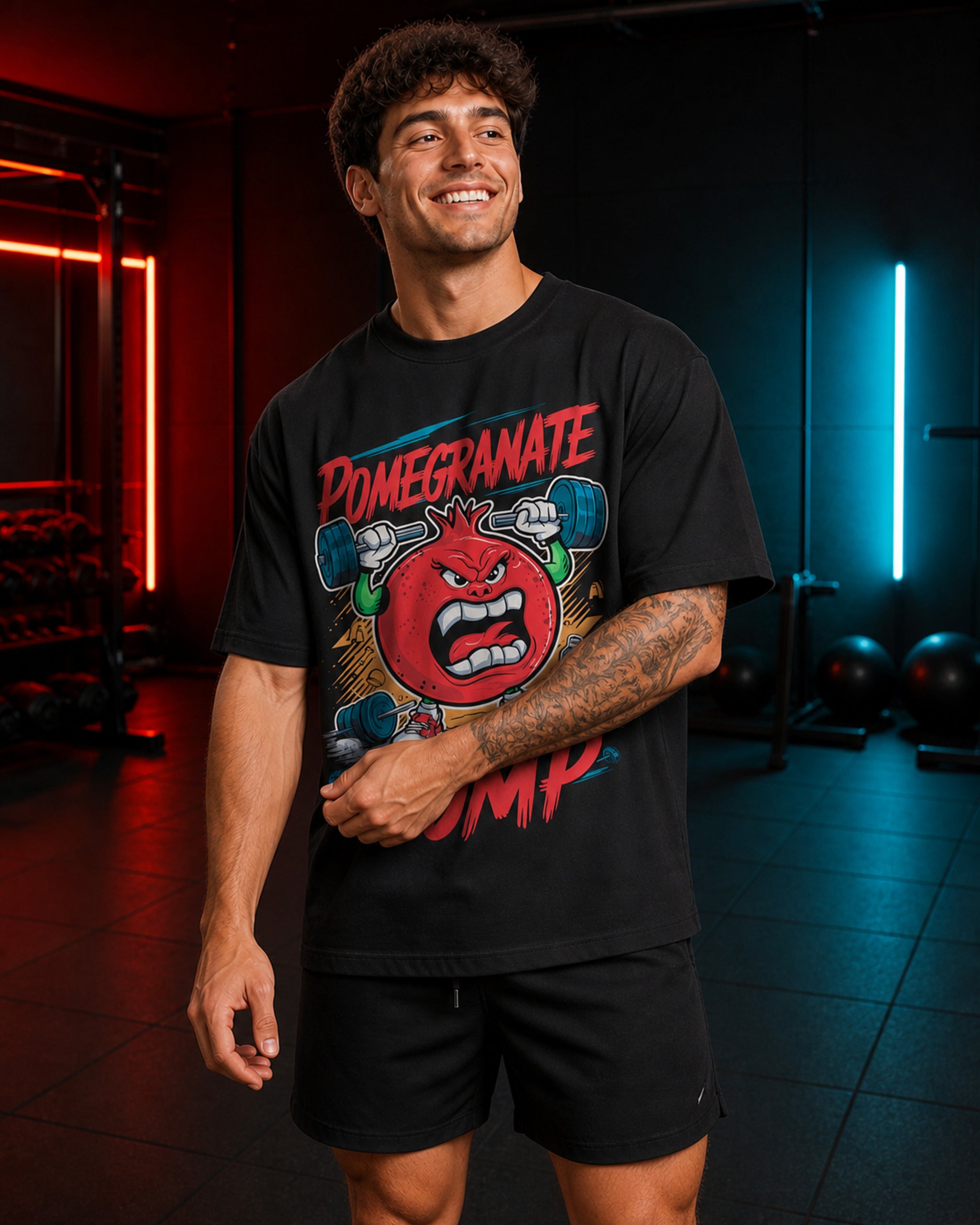 Pomegranate Pump Gym Oversized T-Shirt black oversized T-shirt product mockup